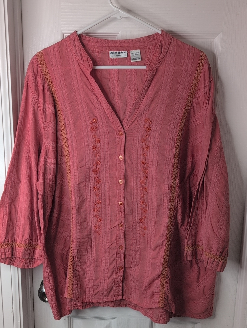 Quizz Woman's 100% Cotton Peachy Pink Button-Front Embroidered Tunic Size 22